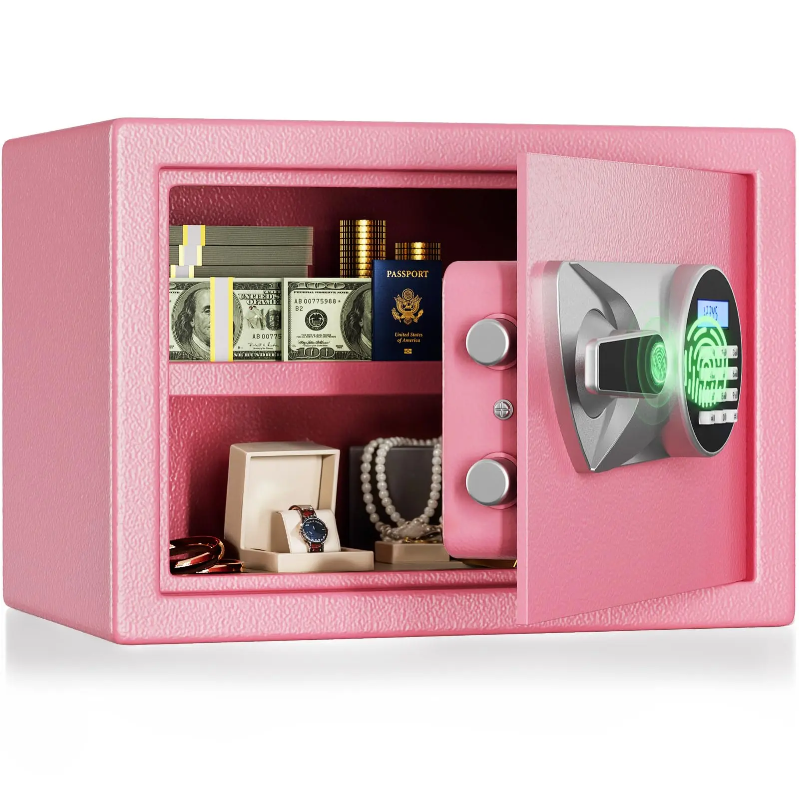 BlackSmith Pink Biometric Safe - 1.0 Cub Quick Access Fingerprint Lock, Digital Keypad, Mini Wall-Mount Cabinet with Keys, Fireproof Bag, Mute Mode, LED Light for Securing Money & Jewelry, Digital Keypad Safe, Biometric Safes