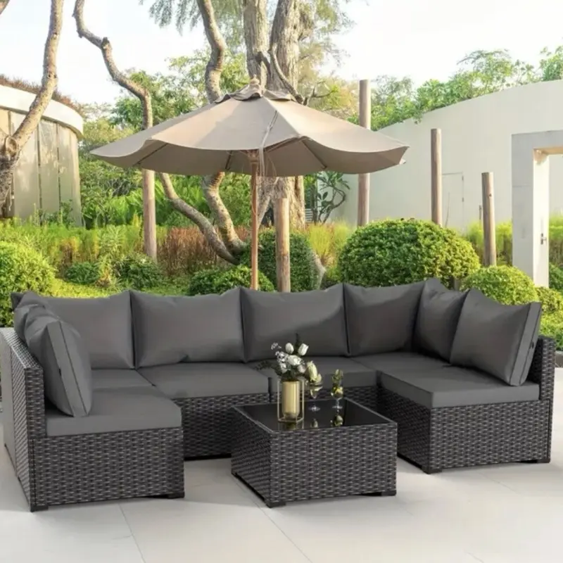 7pcs Outdoor Couch with Glass Table