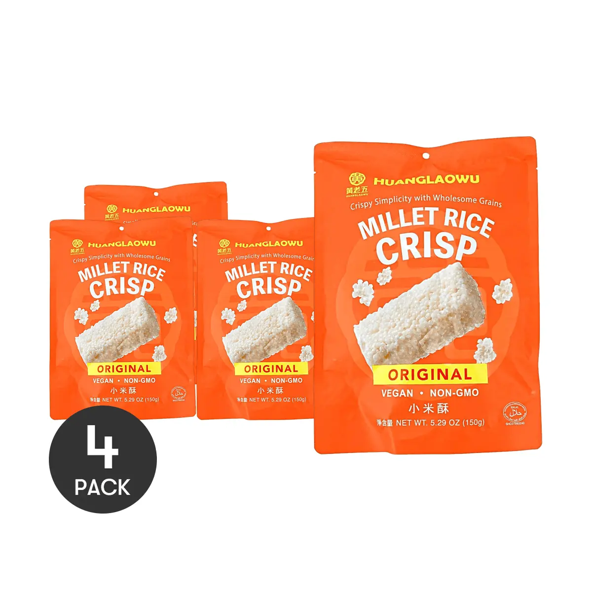 HUANGLAOWU 4-Pack Original Flavor Millet Crisps 150g Each - Vegan, Non-GMO Snack