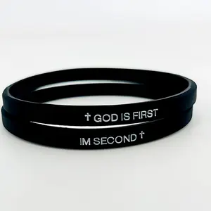 Black GOD IS FIRST IM SECOND Rubber Bracelet for Women Men Christian Religious Faith Jewelry Engraved Inspirational Bible Verses Cross Silicone Bracelet