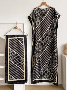 Elegant Casual Long Robe Set, Multicolor Geometric Print Shawl Dress + Headscarf Scarf, Women's Beach Sun Protection Swimwear Coverups Beach Swimsuit Cover Satin Silk