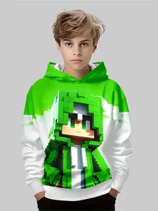 Minecraft Character Print Hoodie for Boys, Game Theme Scene Design, Casual Long Sleeve Pullover, Kids Fashion Clothing, Graphic Hoodies