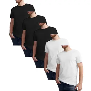 5 pcs men’s plain cotton crew neck short sleeve T-shirts, solid black multipack bulk tees, basic casual everyday layering wear