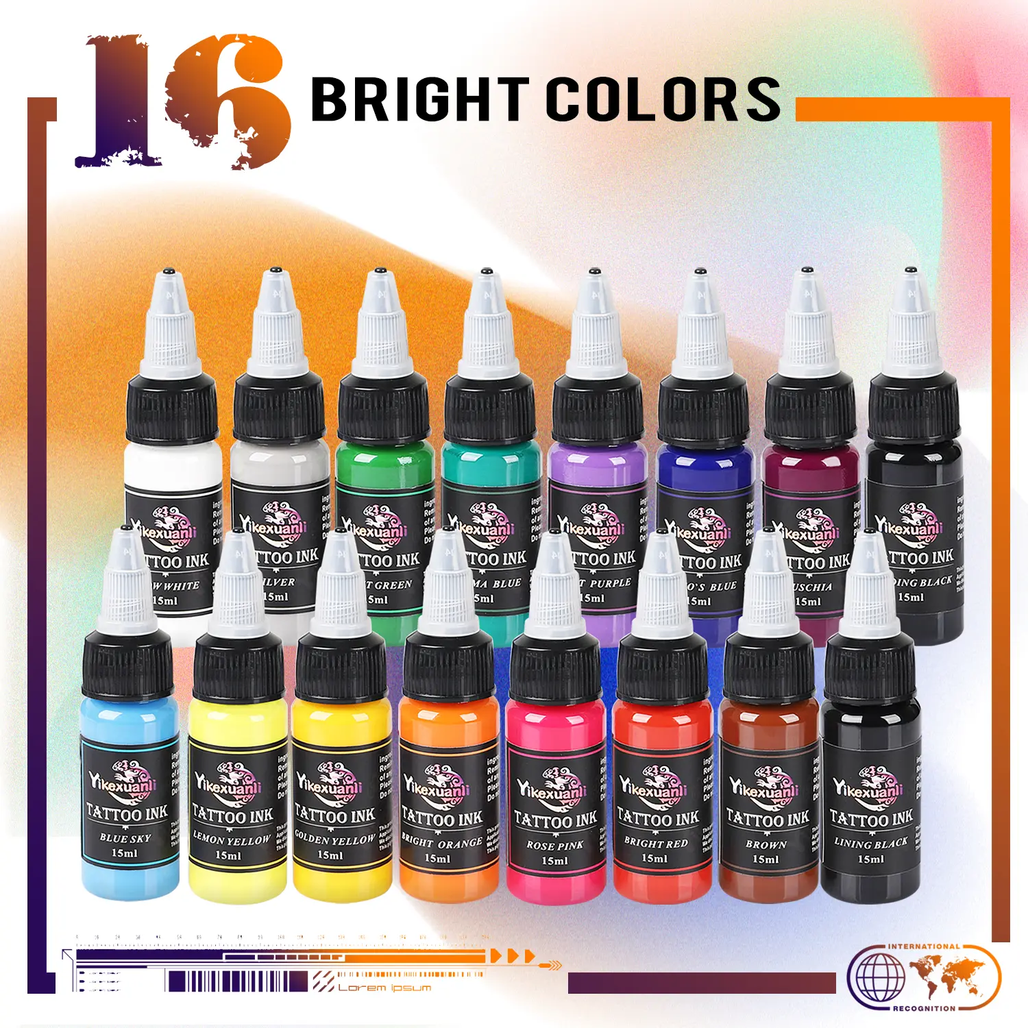 yikexuanli 16 Color Tattoo Ink Set, Permanent and Long-Lasting Body Art Ink, 15ml Pigment Bottles for Tattoos, Tattoo Inks Set, Body Art Temporary Tattoos