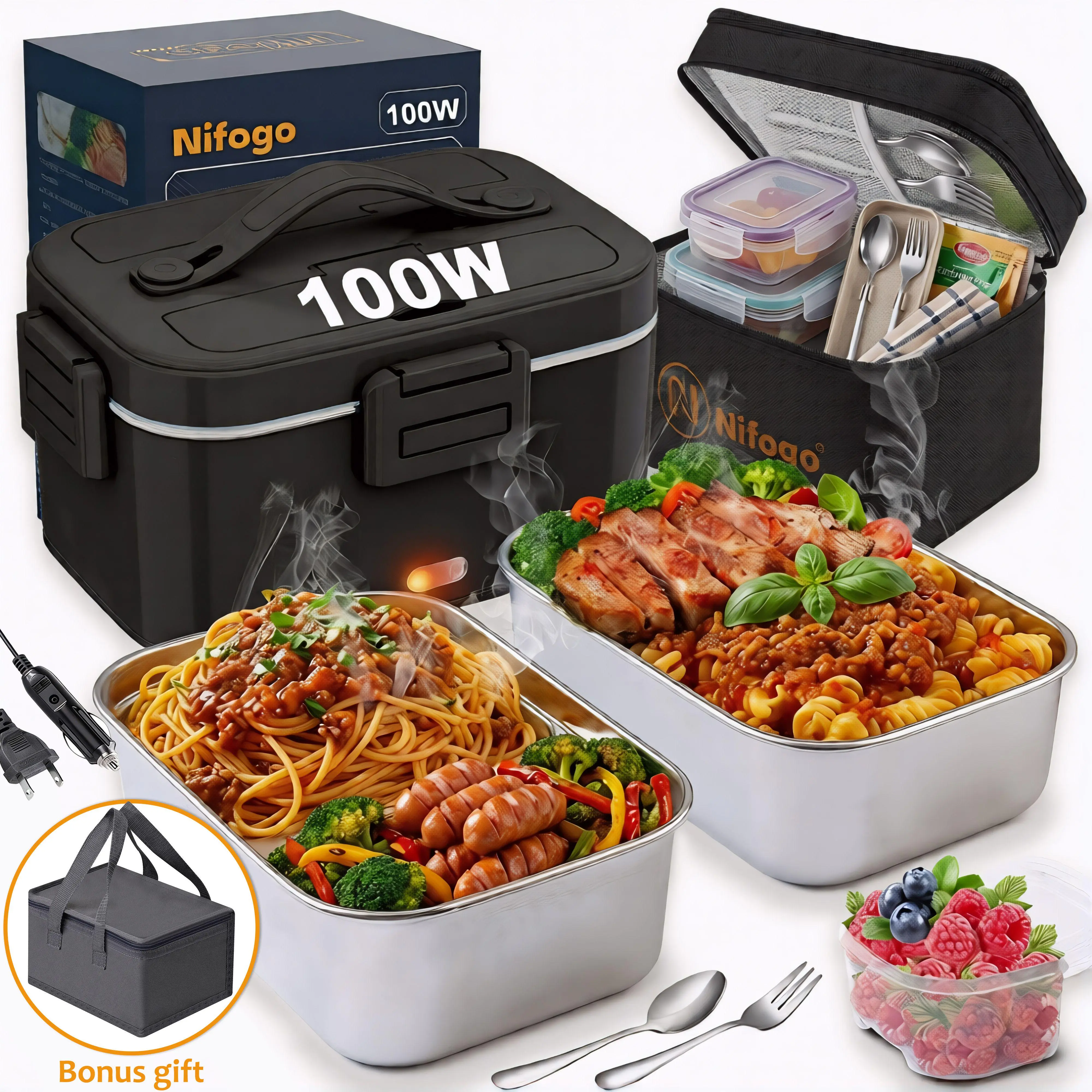 Nifogo Plug-In Heating Lunch Box - Self-Heating Portable Container with Tableware, Dish Cloth & Lunch Bag, 110V/12V/24V Electric Food Warmer for Home & Office to Heat & Enjoy Meals, Self Heating Lunchbox