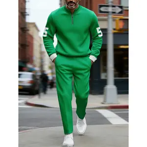 Men's Casual 2-Piece Tracksuit - Half-Zip Stand Collar Design with Contrast Number Detail