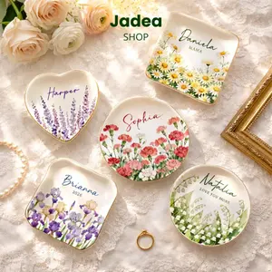 Personalized Botanical Floral Ring Dish, Flower Jewelry Tray, Custom Quote Toile De Jouy Gift, Anniversary Keepsake