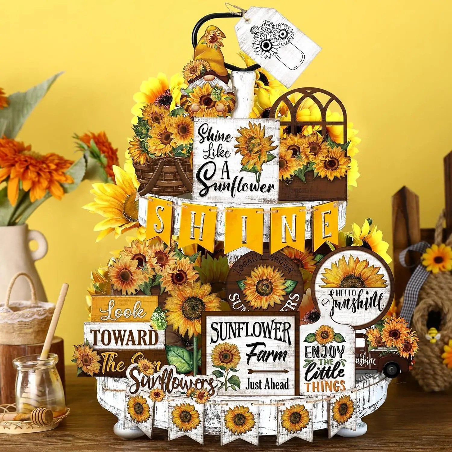 Sunflower Pattern Tiered Tray Decorations, 24pcs/set Wooden Ornament, Desktop Decoration for Home Party, without Tray, Wooden Gnome Decorations, Floral Display Ornaments, Cute Summer Ornaments, Decorations Accessories