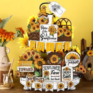 Sunflower Pattern Tiered Tray Decorations, 24pcs/set Wooden Ornament, Desktop Decoration for Home Party, without Tray