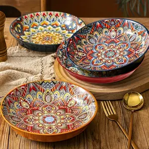 2pcs Bohemian Style Ceramic Dinnerware Set, 8-Inch Decorative Round Plates, Microwave Safe, Vibrant Floral Design, Easy to Clean, Boho Colourful Tableware