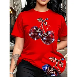 Glamorous Red 100% Cotton Women's Short Sleeve T-Shirt with Sparkly Rhinestone Cherry Graphic Perfect for Parties Casual Dates and Daily Urban Fashion