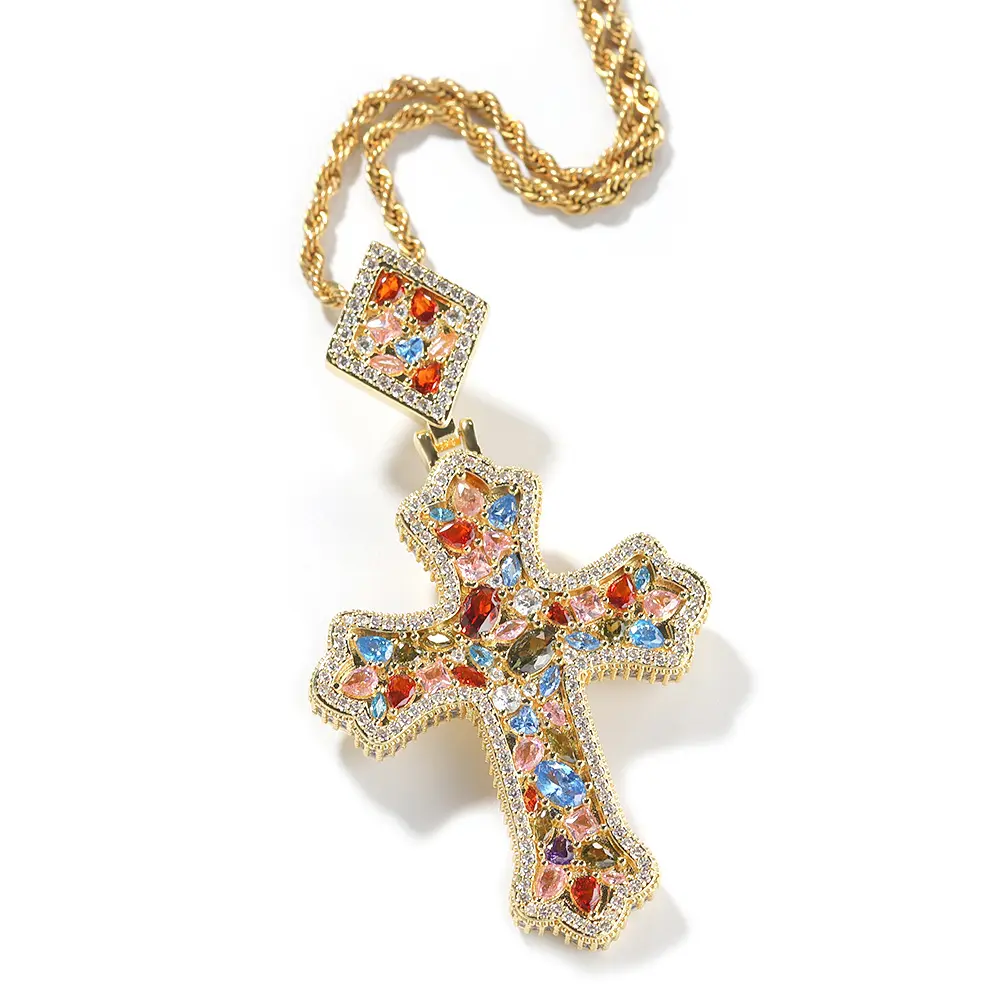 QUEENDO Unisex Iced-Out Ornate Cross Pendant Necklace - Multi-Shape Mixed-Color Stone Inlay, Fully Paved Square Bail, Multi-Tone Metal Coating, Hip-Hop Streetwear Statement Piece for Hip Hop Outfits, Gift for Chain Jewelry Enthusiasts, Night Club Outfits