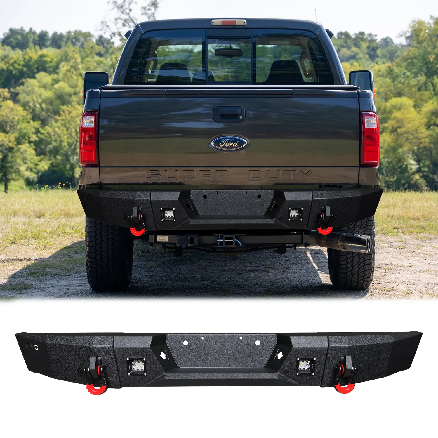 Vijay Metal Rear Bumper - Black Texture for 1999-2016 Ford Super Duty F250/F350, with LED Light Integration, 2 x D-Rings, Off-Road Compatible, Easy Screw Installation