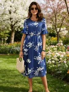 Women's Summer Elegant Fashion Waist Cinched Round Neck Short Sleeve Floral Printed Dress, Stylish Casual Wear for Ladies, Womenswear