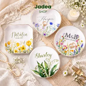 Personalized Birth Flower Jewelry Dish, Custom Floral Ring Dish With Name, Mother's Day Gift, Brithday Gift For Nanny, Wedding Bridesmaid Gifts