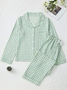 Women's Home Sleepwear 2-Piece Set, Plaid Print Casual Fitted Long Sleeve and Pants, Simple Lapel Single Button Open Front Comfortable Loungewear Pajama Set