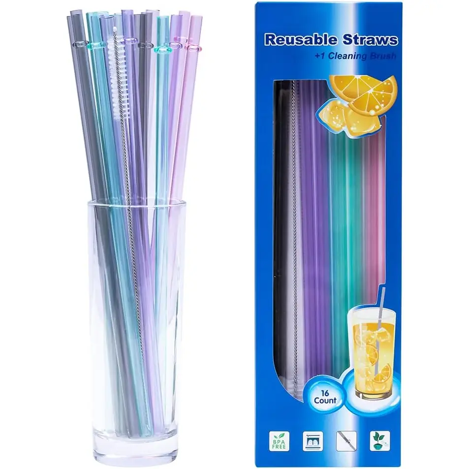10.5inch  Hard Plastic Straws with Cleaning Brush .0.39in and 0.29in 2 Widths Fit adult or ,Extra-long straws for 20/30oz Tumbler/Water Bottle  Dishwasher Safe (16straws+1brush)