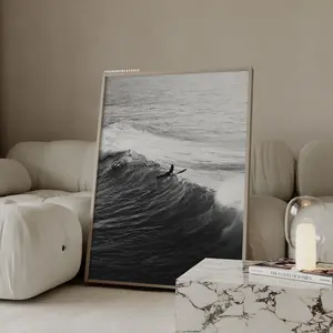 Black & White Surfing Poster | Vintage Girl Surfer Wall Art | Minimalist Coastal Beach Print