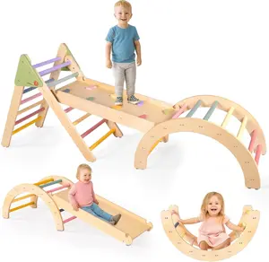 7-in-1 Pikler Triangle Set Toddler Climbing Toys Indoor Montessori Baby Climbing Gym with 8 Soft Holds & Flip-Side Slide for Kids 1-3