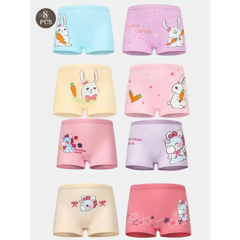 Girls' 8-Pack Cotton Blend Boxer Briefs, Cute Cartoon Animal Pattern, Soft Comfortable Medium-Stretch Knit Fabric, Regular Fit, Color Mixing, Prop 65 Safe, All-Season Everyday Undies for Kids (2-3Y, 4-5Y, 6Y, 7Y)