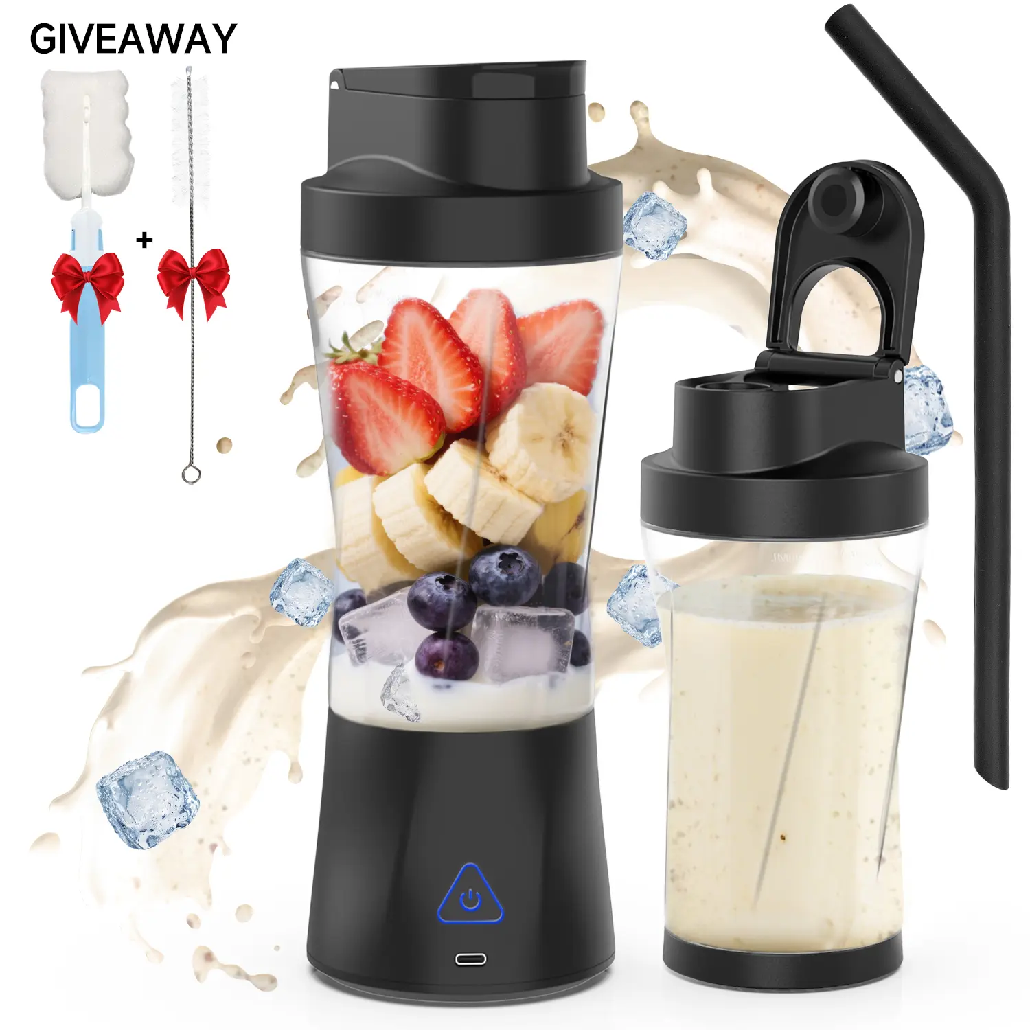 Portable Blender, USB Rechargeable Personal Blender, 24oz Smoothie Blender, Suitable for Milkshakes and Smoothies, Equipped with Independent Bottom Cover and Straw, Ice Maker Machine