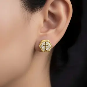 Hexagon Cross Cubic Zirconia Stud Earrings for Women, Trendy Religious Hypoallergenic Jewelry for Daily Wear & Gift