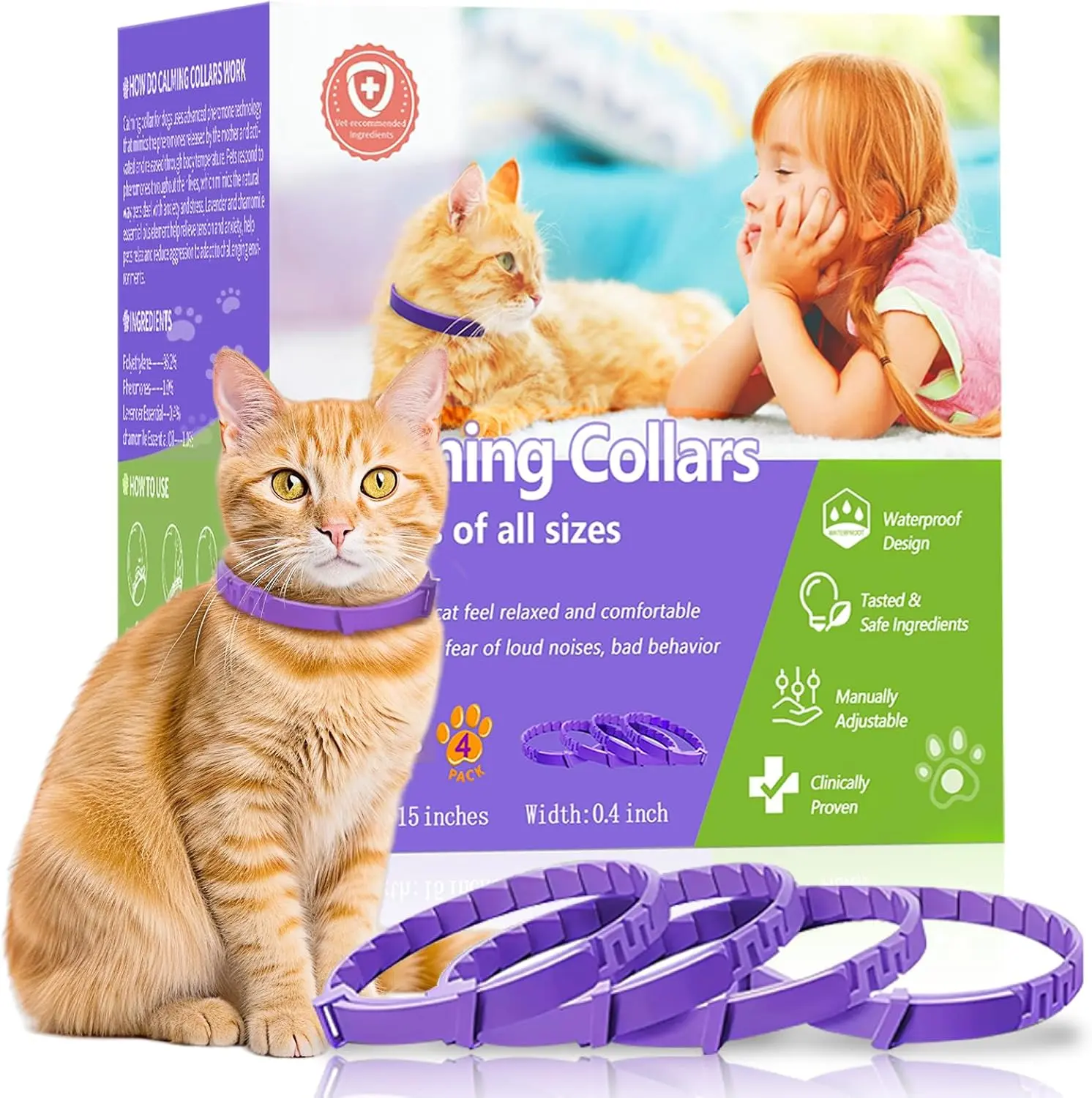 4 Pack Calming Collar for Cats – Cat Pheromone Collar for Anxiety & Stress Relief, Adjustable Breakaway Waterproof Cat Calming Collars, Helps Reduce Scratching, Meowing & Separation Anxiety