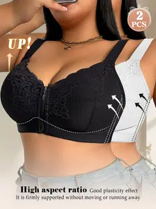 2PCSWomen's Plus Size Lace Wireless Bra Fit , Full Coverage Push-Up Lift Cover Side Breasts, Front Zipper Closure , wide Adjustable Straps, Breathable Comfort Daily Wear Chic