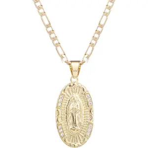 14K Guadalupe Virgin Mary Oval Zircon Inlay Pendant Necklace for Women Men 3mm Flat Figaro Chain Necklace 18/22 inches