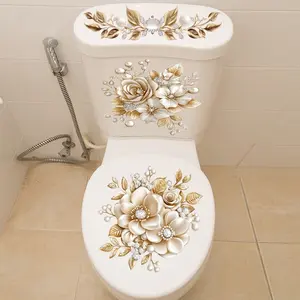 3-Piece Bathroom Toilet Stickers Set, Floral PVC Self-Adhesive Decorative Decals, Matte Finish Irregular Shape Luxury Design