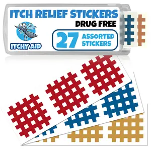 ITCHY AID Bug Bite Itch Relief Patches - 27 Assorted Stickers for Instant Reducing Itch & Swelling from Mosquitos Midges Sandflies - Kid Friendly Colorful After Bite Treatment Drug Free