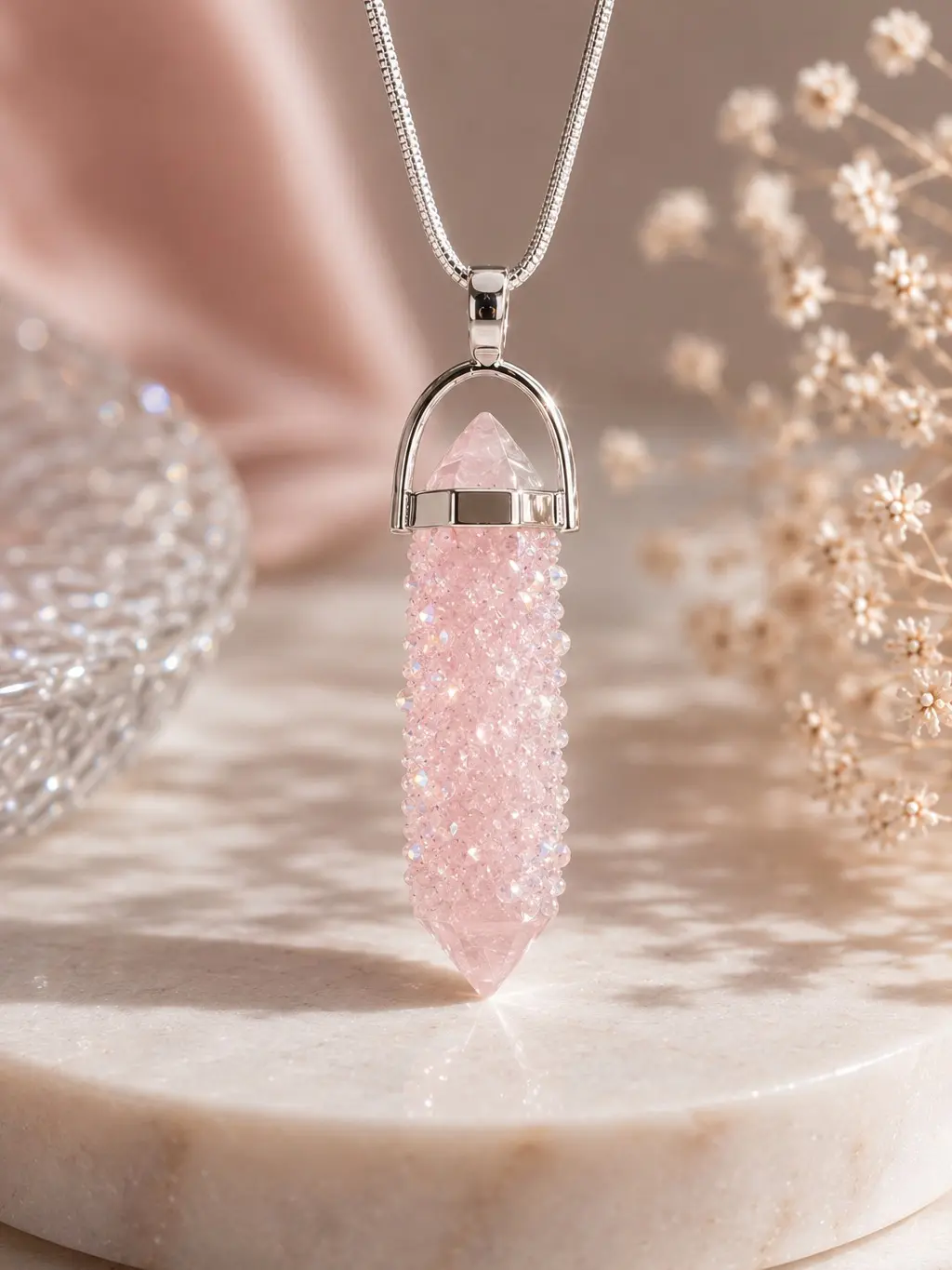 Iced Rose Quartz Necklace, 1.25 Inches Natural Crystal Pendant Necklace, Attracts Loving Energy, Gift for Yourself or Someone You Love, A Meaningful Gift For Yourself Or Someone You Love