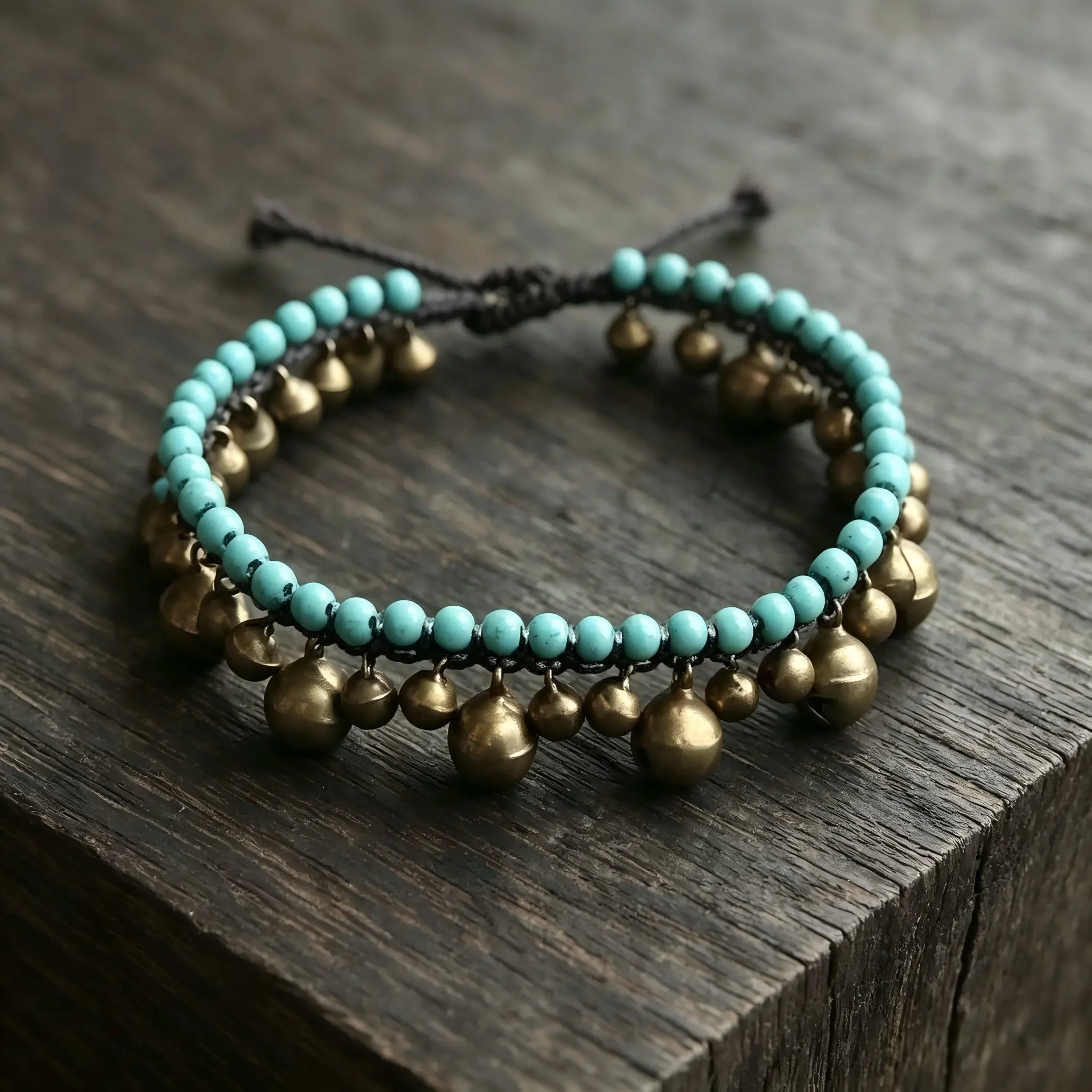 Women's Handmade Boho Turquoise Bead Brass Bell Bracelet - Vintage Ethnic Woven Adjustable Tribal Costume Jewelry, Bracelets for Women for Boho Chic Outfits, Funky Unique Accessories with Soulful Healing Sounds