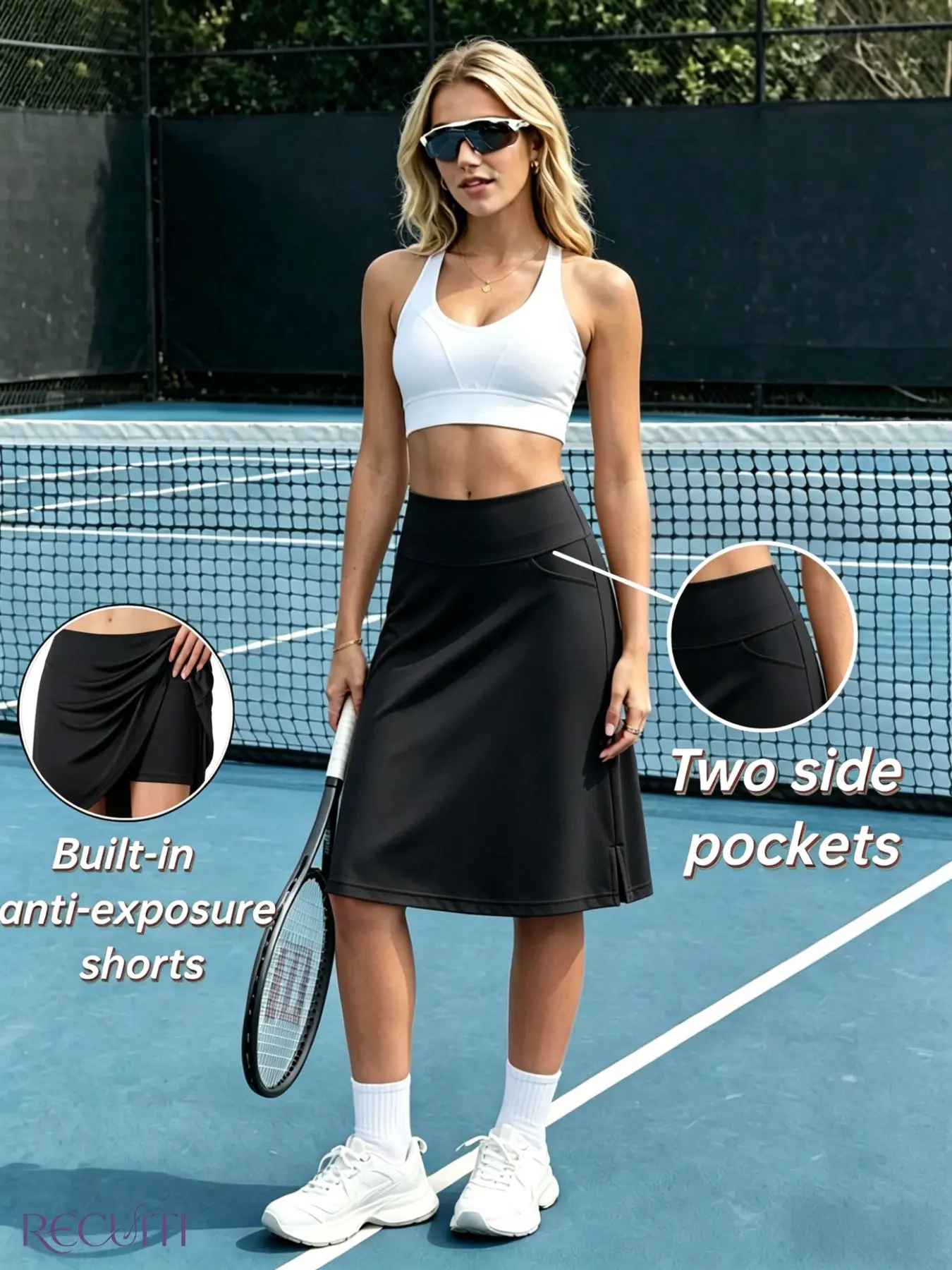 Women's Mid-Length Sporty Culottes, High Waist Drawstring, Split Hem, 3 Pockets, Summer Casual Golf Skirt Pants, Pickleball Apparel, Tennis Skirts