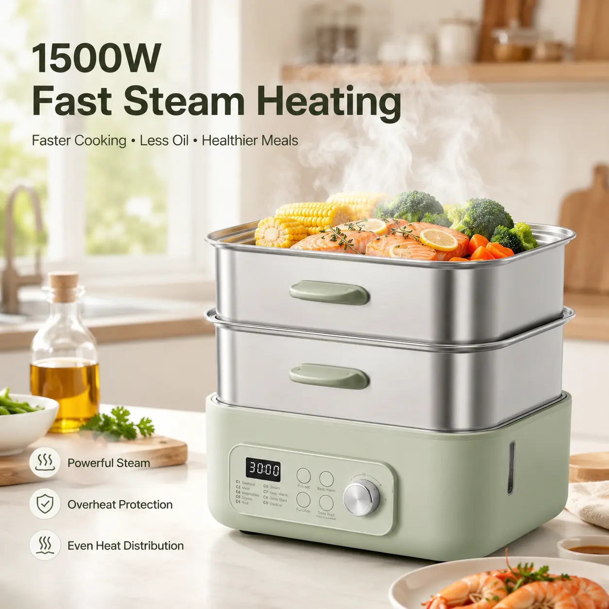 Electric Food Steamer Cookware - 13.7 QT 2-Tier Stainless Steel, 1500W, 9 Pre-Programmed Settings, Keep Warm Function, 3-6 Servings, for Veggies, Seafood, Rice, Green Cookware
