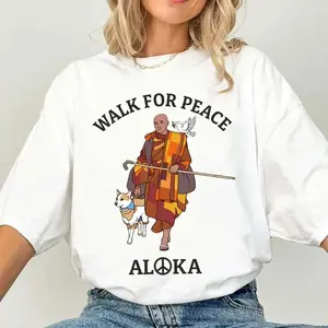 Men's Zen Minimalist Monk & Aloka Dog Graphic Round Neck T-Shirt - Unisex Relaxed Oversized Fit, Vintage Pigment-Dyed Faded Heavyweight Cotton, Seamless Smooth Aesthetic Top, All-Season Wear for Meditation Walks, Casual Streetwear, Tshirt