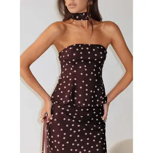 Sydni Scarf Detail Strapless Top Chocolate / Pink Polka Dot