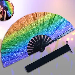 Large Glitter Rainbow Folding Clack Fan, Summer Gift, 13" UV Glow Hand Fan for Line Dance, Rave, Festival, Performance, Cosplay, Costume & Cooling