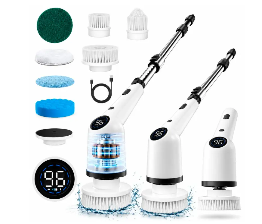 Cleaning Brush 8 Replacement Brush Heads Adjustable Extended Handle Dual Speed Bathroom Kitchen Toilet Shower Tub
