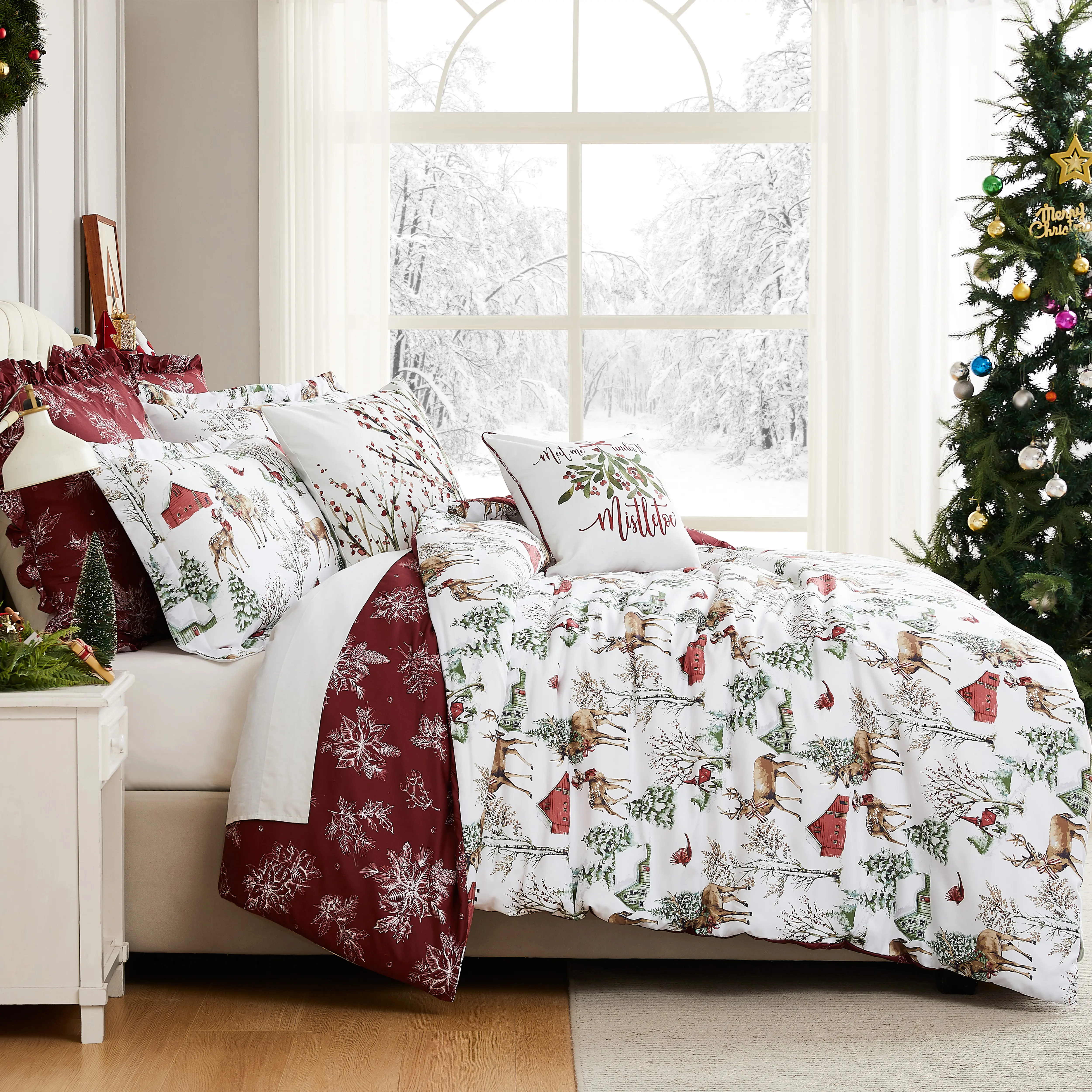 7-Piece Double-Brushed White Bed Comforter Set - Twin/Twin XL, Christmas Print Bedding Collection, Festive Look, Machine Washable, Wash-Free Design