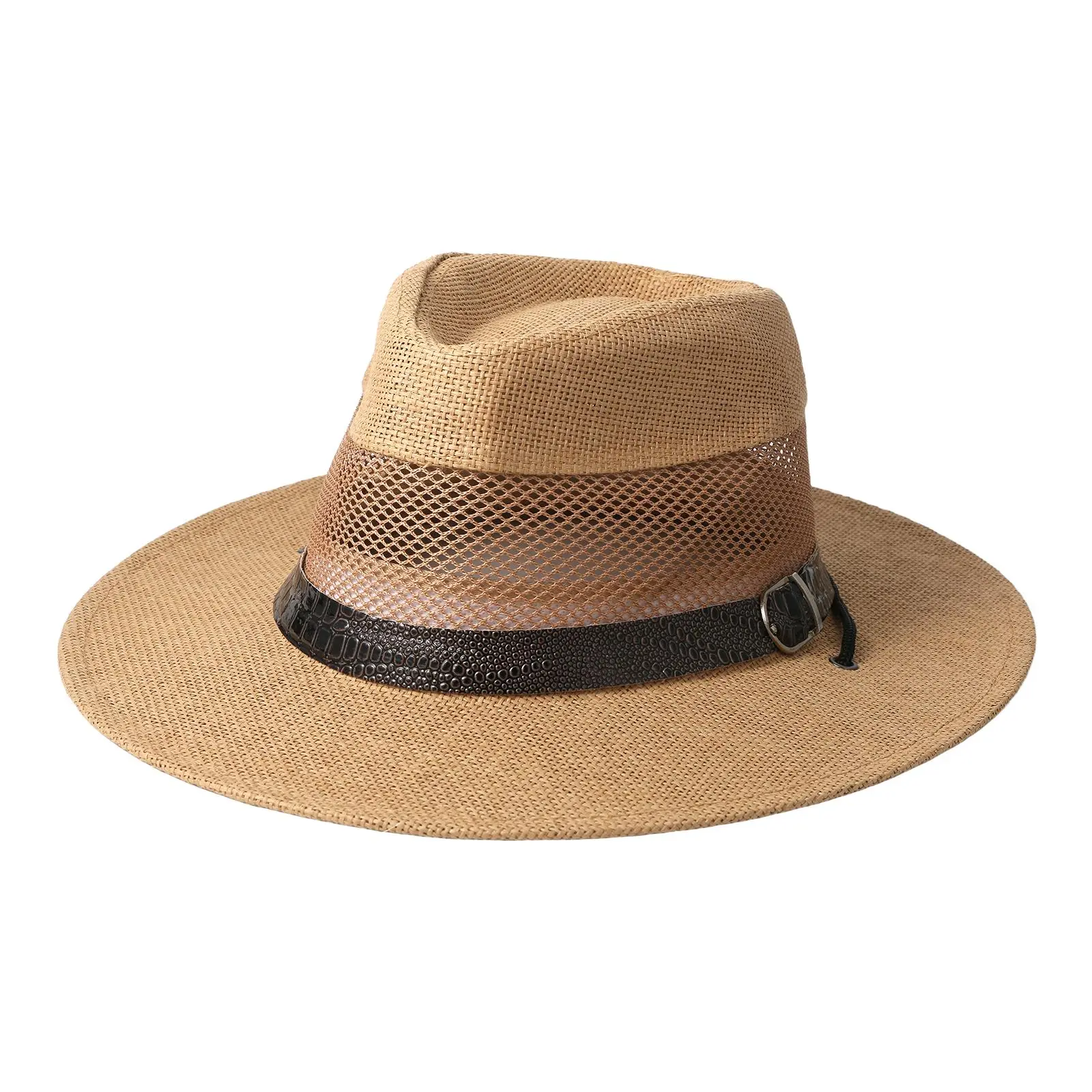 OIDEA Men’s Lightweight Linen Blend Panama-Inspired Fisherman Sun Hat - Wide Brim, Mesh Splice Panels for Breathability, Croc-Embossed Buckle Band, Adjustable Hat for Summer Outdoor Fishing, Travel (1 Size), Fisherman Hat
