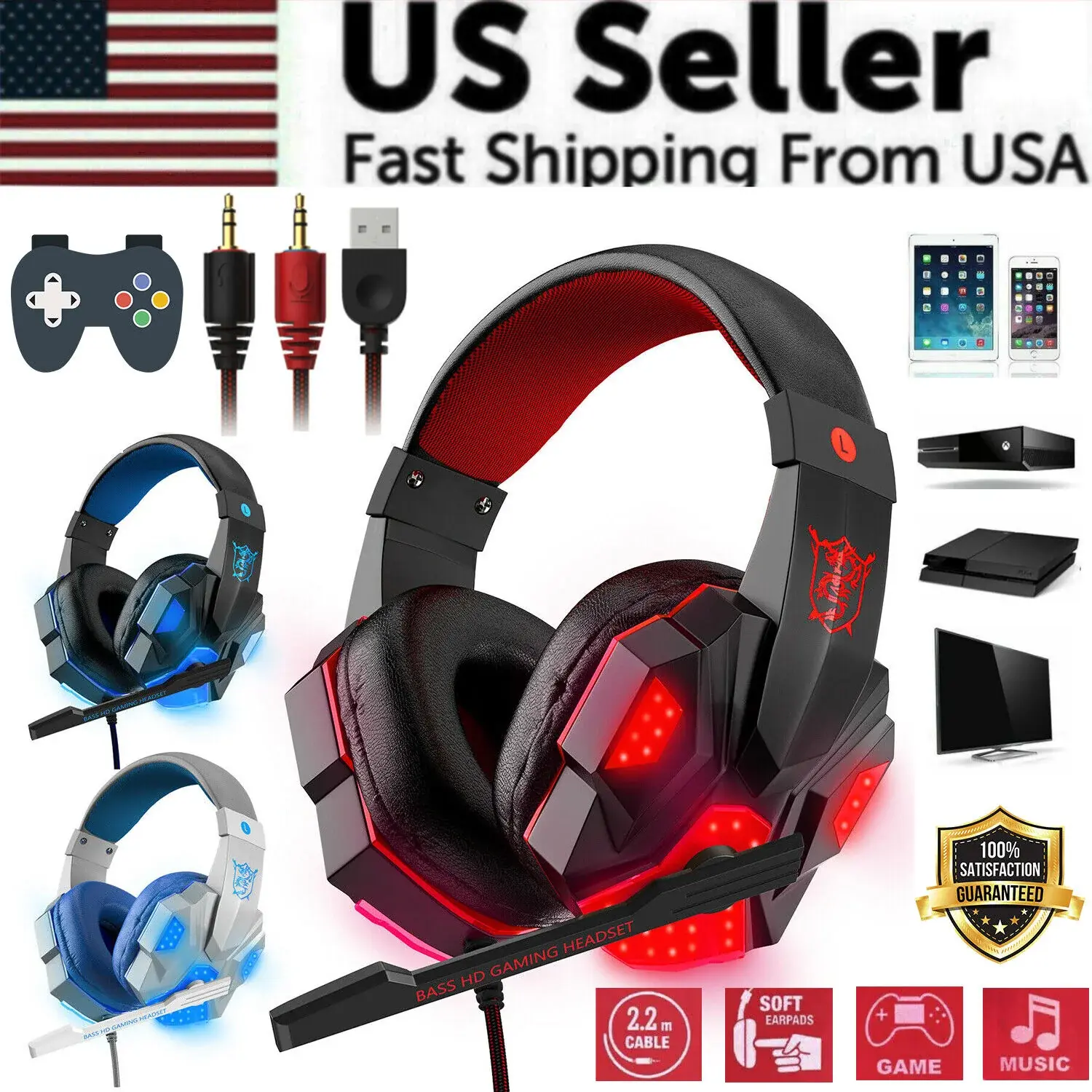 Gaming Headset Mic LED Headphones Stereo Bass Surround for PC PS4 Xbox One 3.5Mm