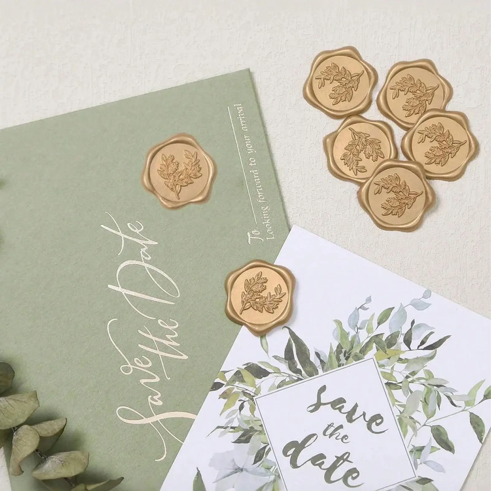 Eucalyptus Wedding Invitation Envelope Sealing Wax Stickers, Self-Adhesive Elegant Bronze Color Metal Texture, for Invitations Christmas Cards Gift Wrapping