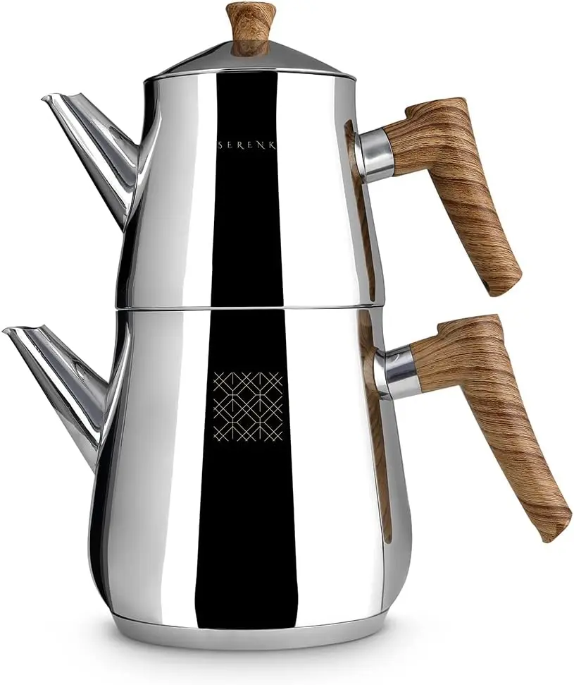 Serenk Definition Stainless Steel Teapot Set, 1L Teapot & 2L Lower Pot, Double-Stacked Design, Induction Compatible, Mirror Polished Finish, Tea Kettle for Home