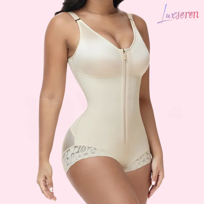 LUXSEREN Women's Basic Minimalist Hook-Eye Abdominal Control Shapewear Bodysuit - V-Neck, Adjustable Strap, Zippered Lace-Trimmed Waist Trainer, Hip Compression, Breathable Fabric, Bottom Support, 3/4 Coverage, All-Season Slimming, Postpartum Recovery Fit