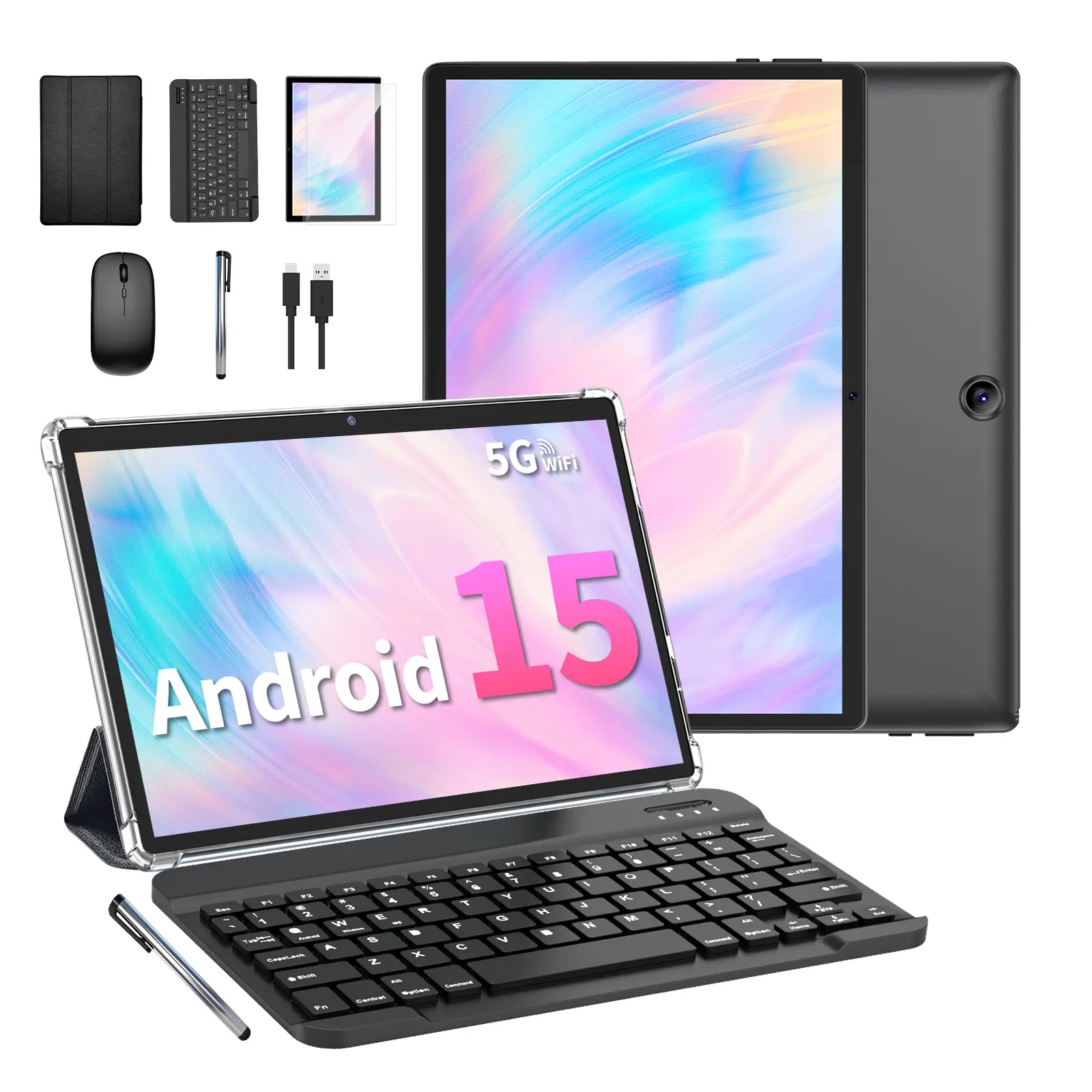 【FALL DEALS】Relndoo 2026 Back-to-School 2-in-1 Android Tablet Bundle - 10.1in Android OS, 5G WiFi, Dual Camera, Foldable Keyboard, Wireless Rechargeable Mouse, Stylus Kit, Case, Bluetooth Support, Interactive Touch Screen Tablet