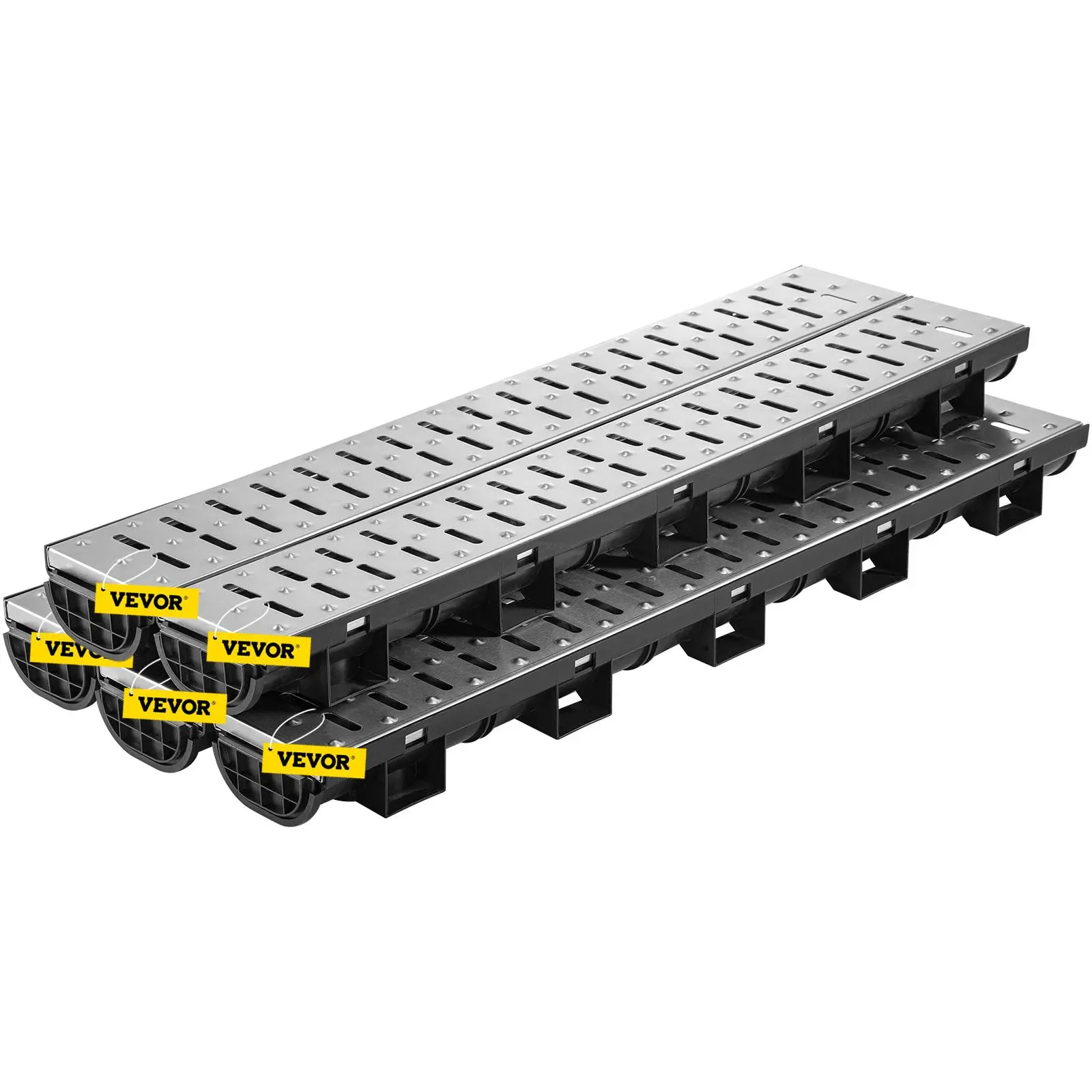 【Summerfinds】VEVOR Trench Drain System Channel Drain with Metal Grate5.7x3.1-Inch HDPE Drainage TrenchBlack Plastic Garage Floor Drain5x39 Trench Drain Gratewith 5 End Capsfor GardenDriveway-5 Pack