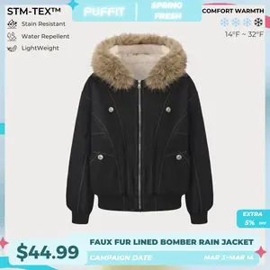 PUFFIT STM-TEX Faux Fur Lined Waterproof Bomber Jacket With Faux Fur Collar Hood,Elegant And Sophisticated,Enhances Warmth, Providing A Soft,Beautiful And Warm, Offering Both Style And Practicality,Y2K Style SpringStatements