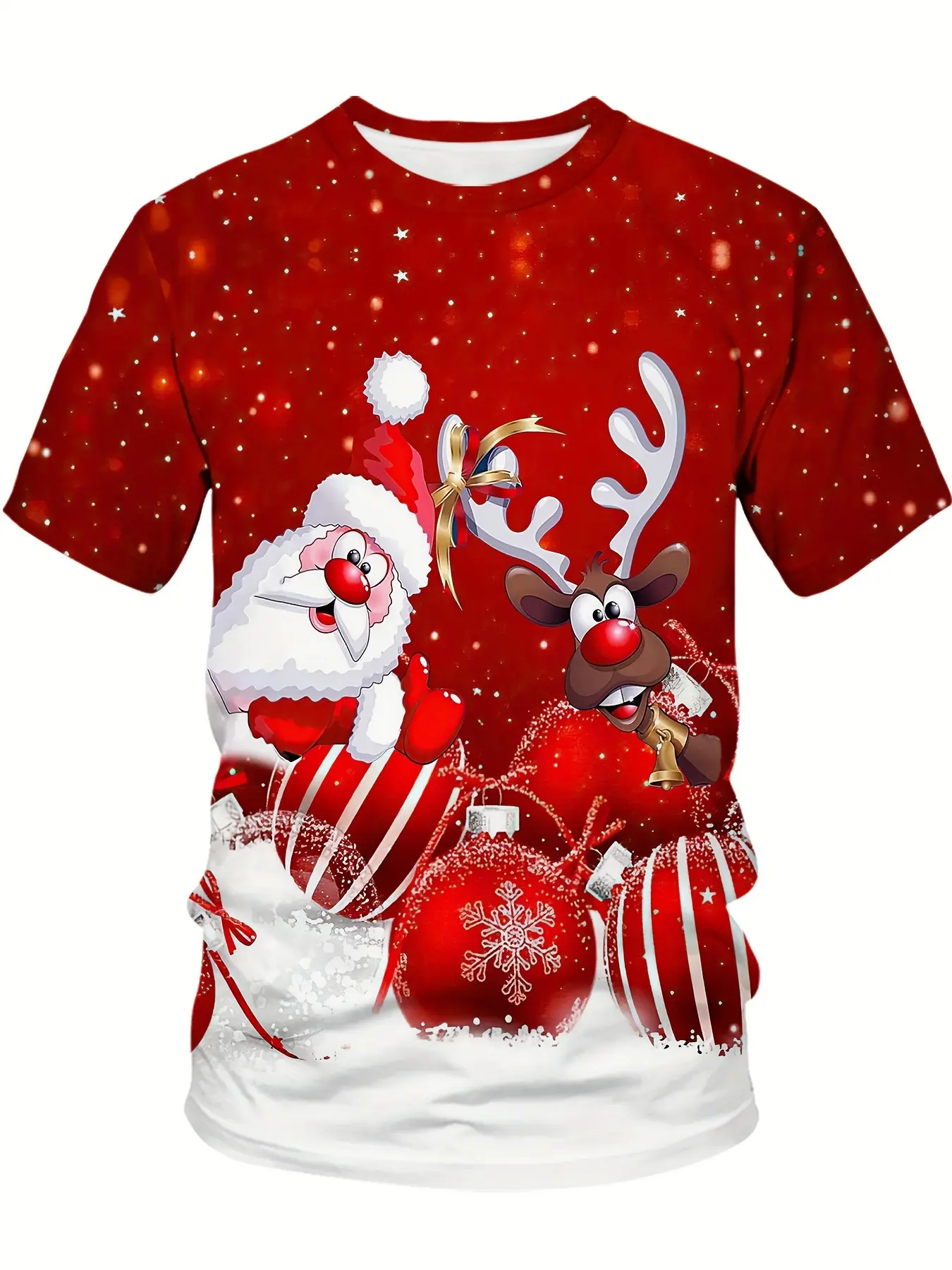 Plus Size Santa T-Shirt for Men, Festive Christmas Short-Sleeve Top with 3D Santa Claus-Reindeer & Snowflake Prints, Vibrant Green Casual Fabric Crew Neck Regular Fit for Parties, Cheerful Apparel, Shortsleeve, Tshirt, Sportswear, Menswear, Knit, Stretch