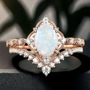 2-Piece Set Elegant Oval Synthetic Opal & Cubic Zirconia Couple Wedding Rings with Lace Crown Design - Engagement Party Bridal Jewelry & Valentine's Day Promise Gift